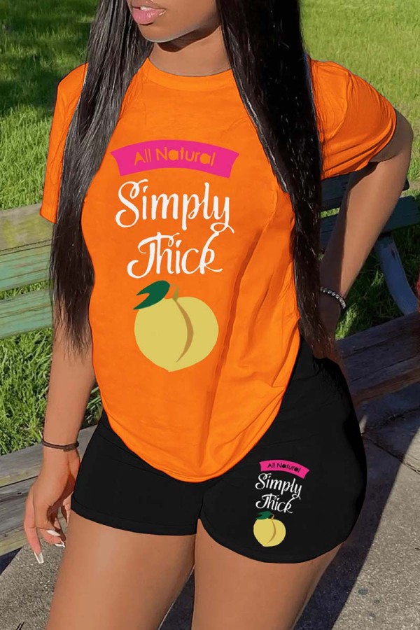 Orange Black Casual Print Basic O Neck Short Sleeve Two Pieces