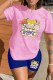 Pink Casual Character Print Letter O Neck Short Sleeve Two Pieces