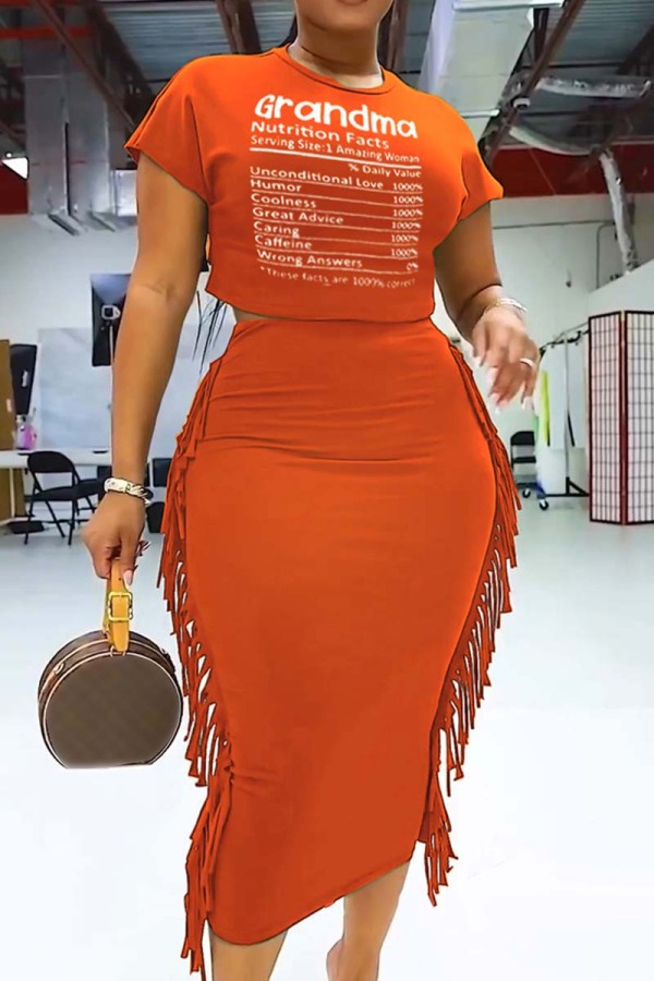 Orange Casual Letter Print Tassel Patchwork O Neck Short Sleeve Two Pieces