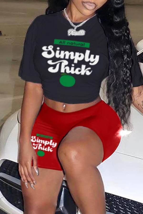 Black Red Casual Letter Print Basic O Neck Short Sleeve Two Pieces
