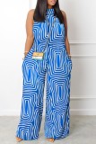 Blue Casual Print Basic Turtleneck Regular Jumpsuits