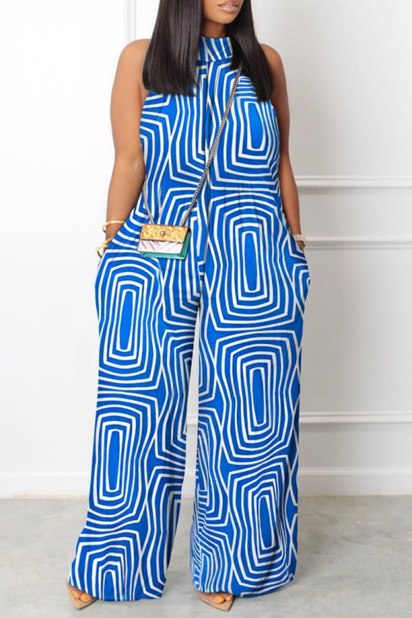 Blue Casual Print Basic Turtleneck Regular Jumpsuits