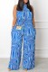 Blue Casual Print Basic Turtleneck Regular Jumpsuits