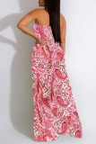 Rose Red Sexy Casual Print Backless Strapless Regular Jumpsuits