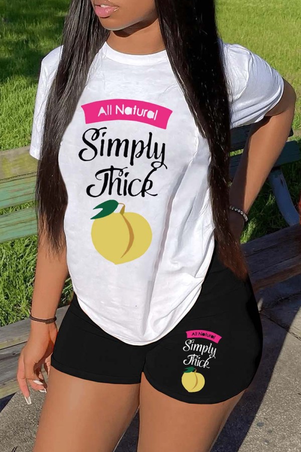 White Black Casual Print Basic O Neck Short Sleeve Two Pieces