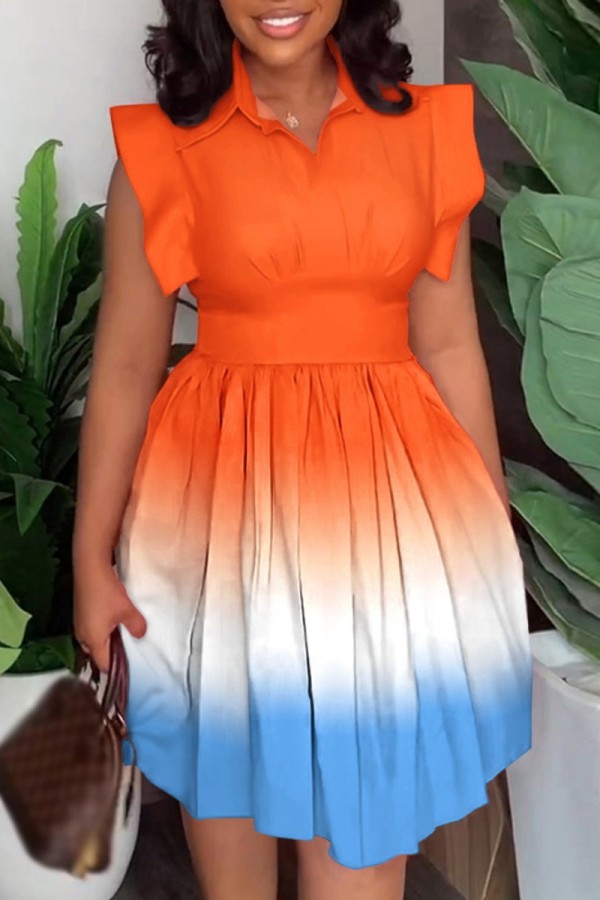 Orange Casual Print Patchwork Turndown Collar Sleeveless Dress Dresses