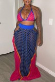 Blue Sexy Print Bandage Hollowed Out Patchwork Backless Halter Sleeveless Two Pieces