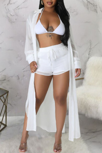 White Casual Street Simplicity Solid Buttons See-through Slit Turndown Collar Long Sleeve Two Pieces(Without Bikini)