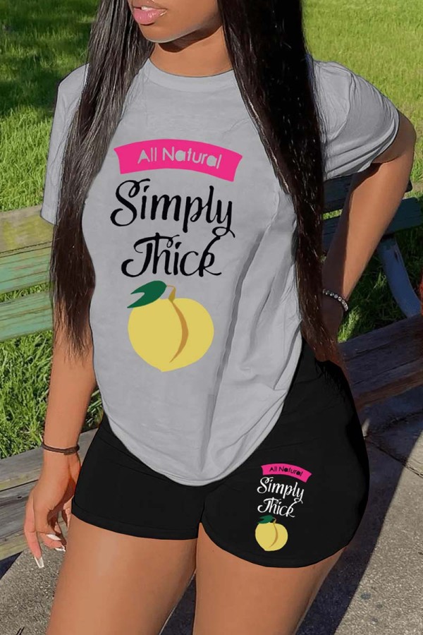 Grey Black Casual Print Basic O Neck Short Sleeve Two Pieces