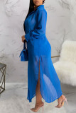 Colorful Blue Casual Street Simplicity Solid Buttons See-through Slit Turndown Collar Long Sleeve Two Pieces(Without Bikini)
