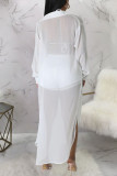 White Casual Street Simplicity Solid Buttons See-through Slit Turndown Collar Long Sleeve Two Pieces(Without Bikini)