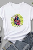 White Casual Print Basic O Neck T-Shirts