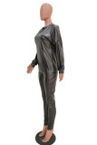 Black Casual Faux Leather Patchwork Solid Patchwork Pullovers Pants O Neck Long Sleeve Regular Sleeve Two Pieces
