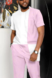 White Pink Men's Casual Colorblock Walking Suit-013