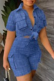 Blue Casual Solid Patchwork Turndown Collar Short Sleeve Two Pieces