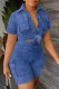 Blue Casual Solid Patchwork Turndown Collar Short Sleeve Two Pieces