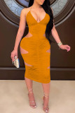 Orange Fashion Sexy Solid Hollowed Out Backless Spaghetti Strap Sleeveless Dress