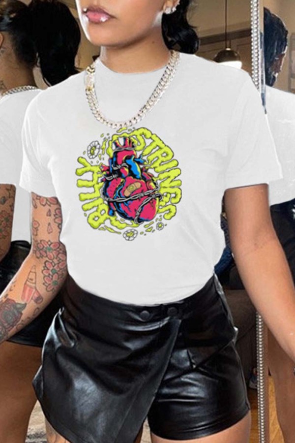 White Casual Print Basic O Neck T-Shirts