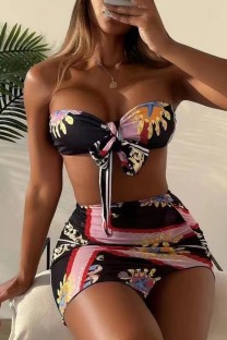 Black Sexy Print Backless Swimsuit Four Piece Set (With Paddings)