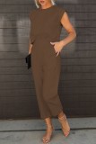 Light Coffee Casual Solid Basic O Neck Sleeveless Two Pieces
