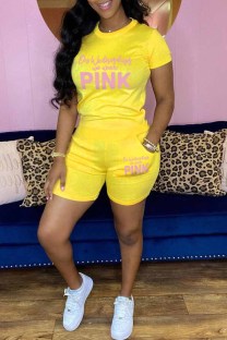 Yellow Casual Print Letter O Neck Short Sleeve Two Pieces