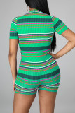 Green Casual Work Street Simplicity Striped Patchwork V Neck Skinny Jumpsuits