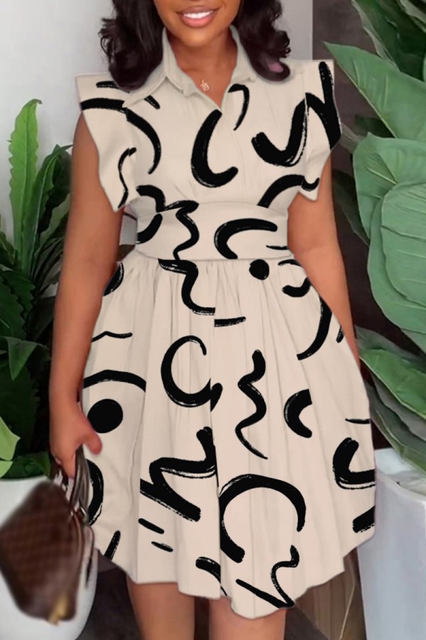 Apricot Casual Print Patchwork Turndown Collar Sleeveless Dress Dresses
