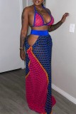 Blue Sexy Print Bandage Hollowed Out Patchwork Backless Halter Sleeveless Two Pieces