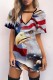 Multicolor Casual Print Hollowed Out V Neck Short Sleeve Dress