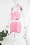 Pink Sexy Solid Bandage Patchwork Draw String Asymmetrical Halter Sleeveless Two Pieces