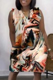 Coffee Casual Print Basic V Neck Sleeveless Dress Dresses