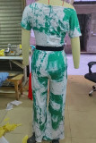 Green Casual Work Elegant Print Zipper Oblique Collar Regular Jumpsuits(With Black Belt)