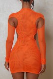 Orange Sexy Solid Hollowed Out See-through O Neck Long Sleeve Dresses