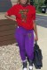 Purple Casual Print Letter O Neck Short Sleeve Two Pieces