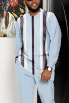 Blue Men's Casual Color Blocking Long Sleeve Walking Suit-018