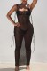 Black Sexy Solid Bandage See-through Backless U Neck Long Dress Dresses
