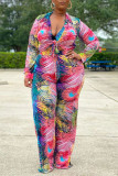 Colour Casual Work Street Print Patchwork Frenulum V Neck Long Sleeve Two Pieces