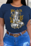 Navy Blue Casual Vintage Print Patchwork O Neck T-Shirts