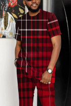Red Men's Casual Plaid Walking Suit-010