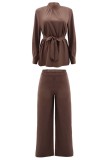 Brown Casual Solid Basic Half A Turtleneck Long Sleeve Two Pieces