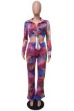 Colour Casual Work Street Print Patchwork Frenulum V Neck Long Sleeve Two Pieces