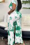 Green Casual Work Elegant Print Zipper Oblique Collar Regular Jumpsuits(With Black Belt)