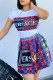 White Casual Print Letter O Neck Short Sleeve Two Pieces