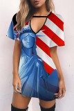Multicolor Casual Print Hollowed Out V Neck Short Sleeve Dress