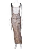 Leopard Print Sexy Solid Bandage See-through Backless U Neck Long Dress Dresses