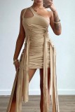 Black Sexy Solid Patchwork Backless Oblique Collar Sleeveless Dress Dresses