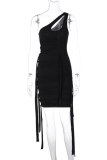Black Sexy Solid Patchwork Backless Oblique Collar Sleeveless Dress Dresses