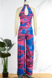 Blue Sexy Print Patchwork O Neck Straight Jumpsuits