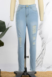 Light Blue Street Solid Ripped Patchwork High Waist Denim Jeans