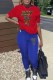 Blue Casual Print Letter O Neck Short Sleeve Two Pieces